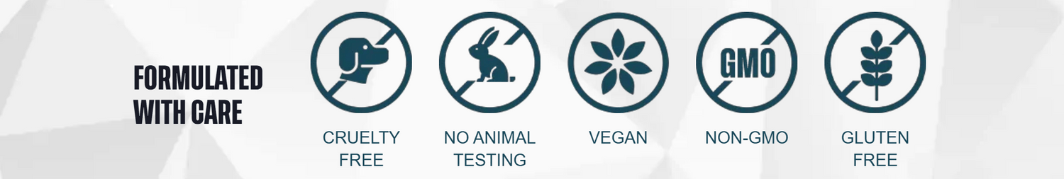 Formulated with care — cruelty free, no animal testing, vegan, non-GMO, gluten free