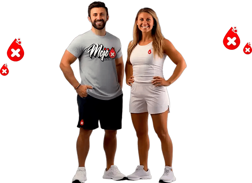 Fit couple in Mojo t-shirt and sportswear