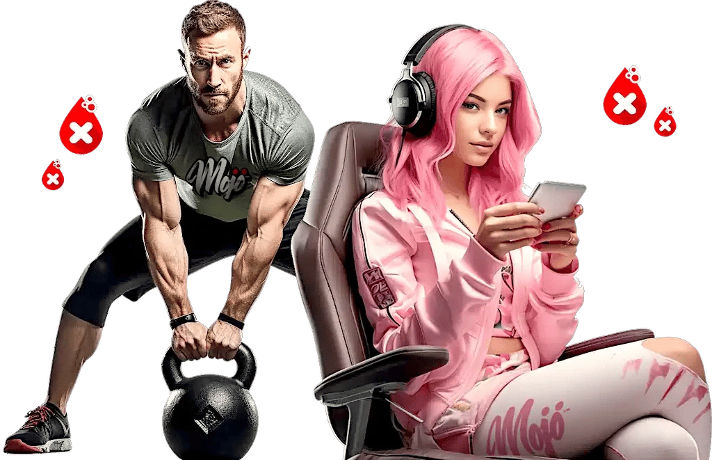 Man lifting a kettlebell next to a gamer girl in a Mojo tracksuit